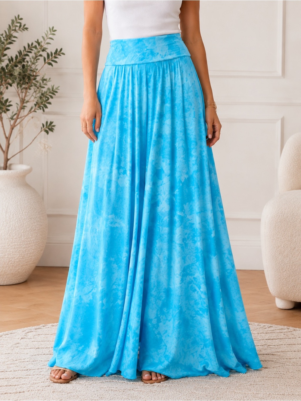 Light Blue Tie-Dye Maxi Skirt with Wide Waistband